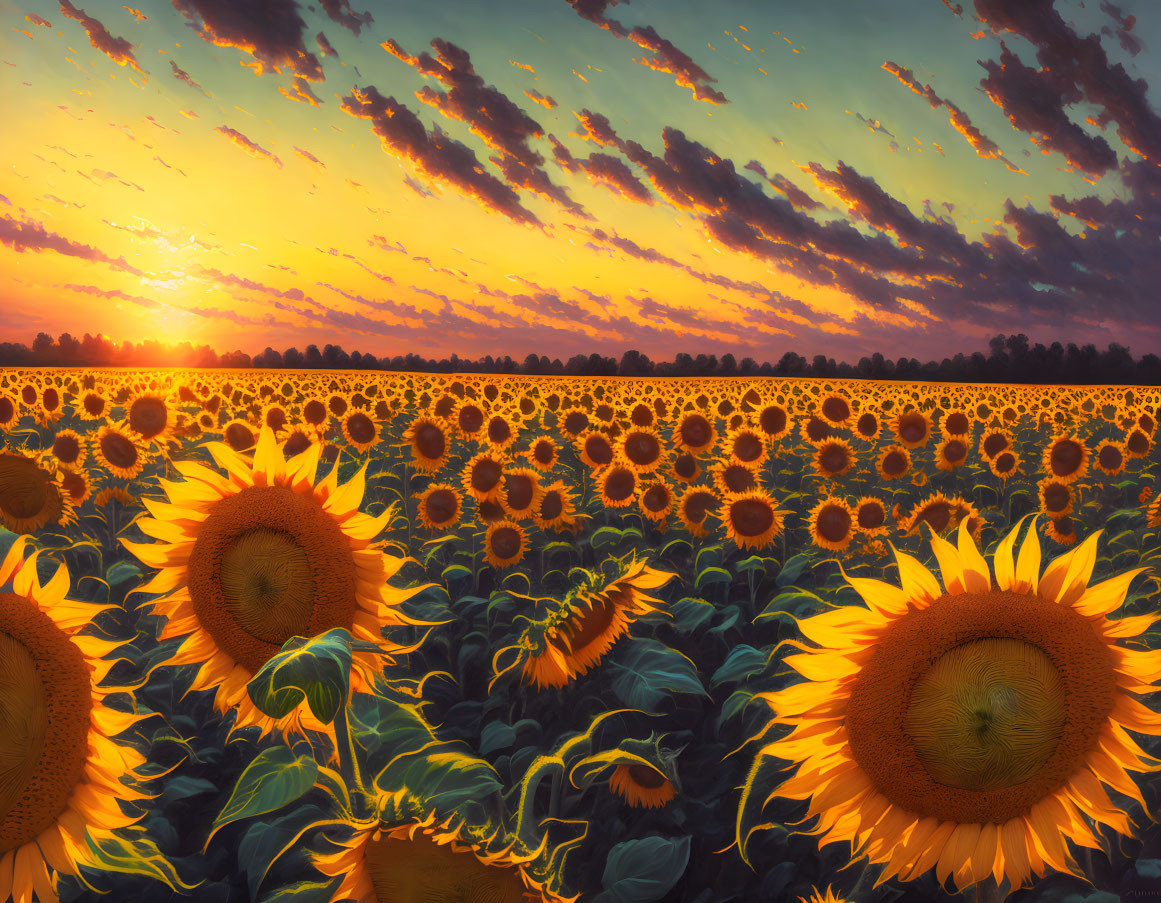 Sunflowers field under dramatic sunset with orange and blue clouds