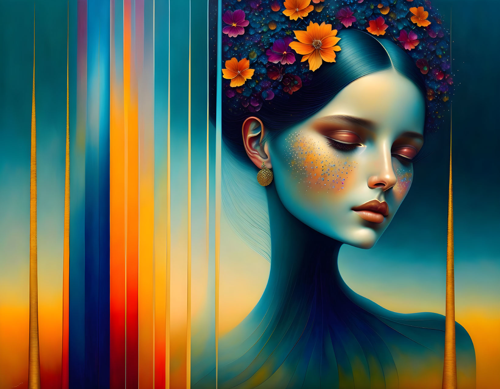 Surreal portrait: Woman with floral crown, face blending with vibrant stripes on warm backdrop