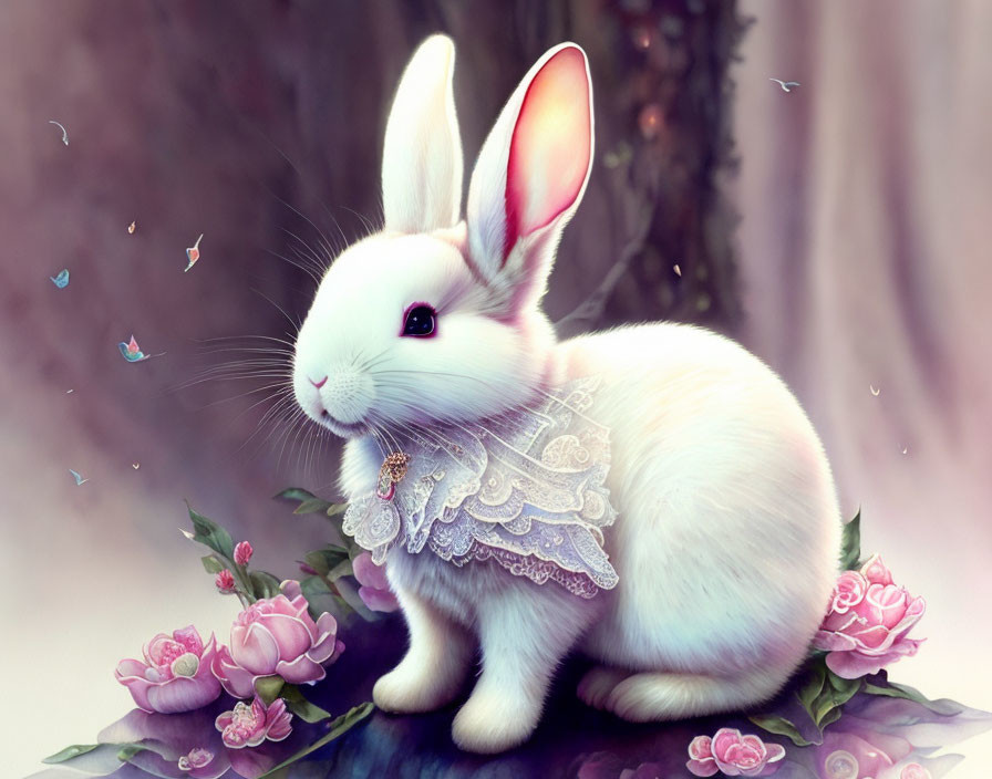 White Rabbit Digital Illustration with Lace, Flowers, and Butterflies