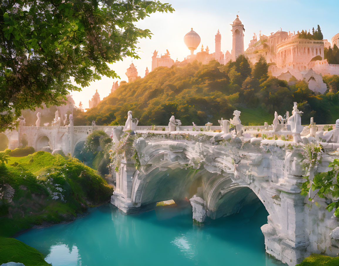 Fantasy landscape with ornate bridge, statues, lush greenery, turquoise river, and majestic pal