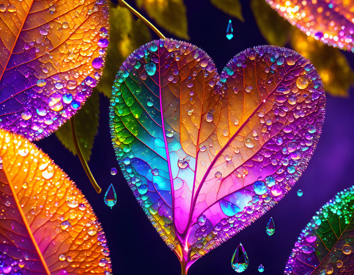 Colorful illuminated heart-shaped leaf with dewdrops in nature