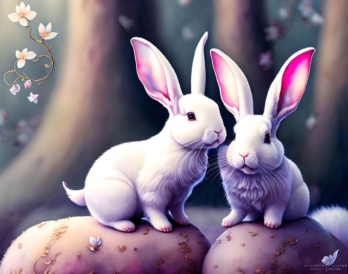 Stylized white rabbits on purple stone with cherry blossoms