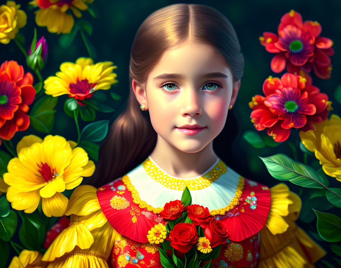 Young girl with blue eyes and brown hair in floral dress among vibrant flowers