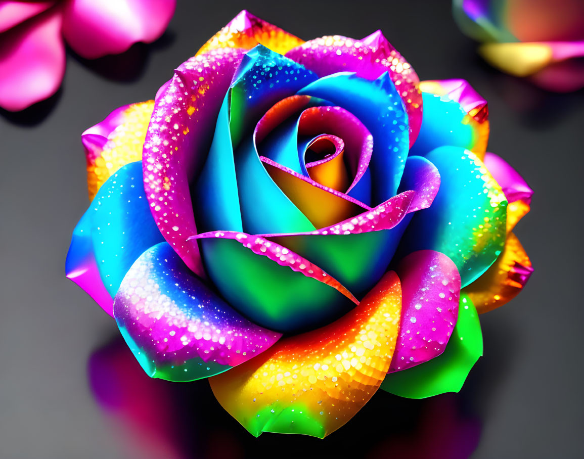 Colorful neon rose digital art on dark backdrop