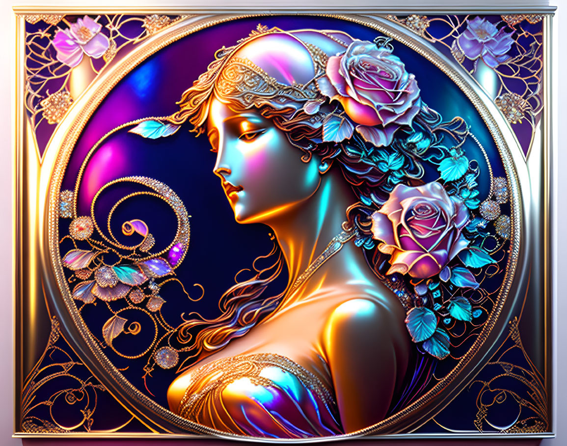 Art Nouveau Woman with Roses: Vibrant Colors & Golden Patterns