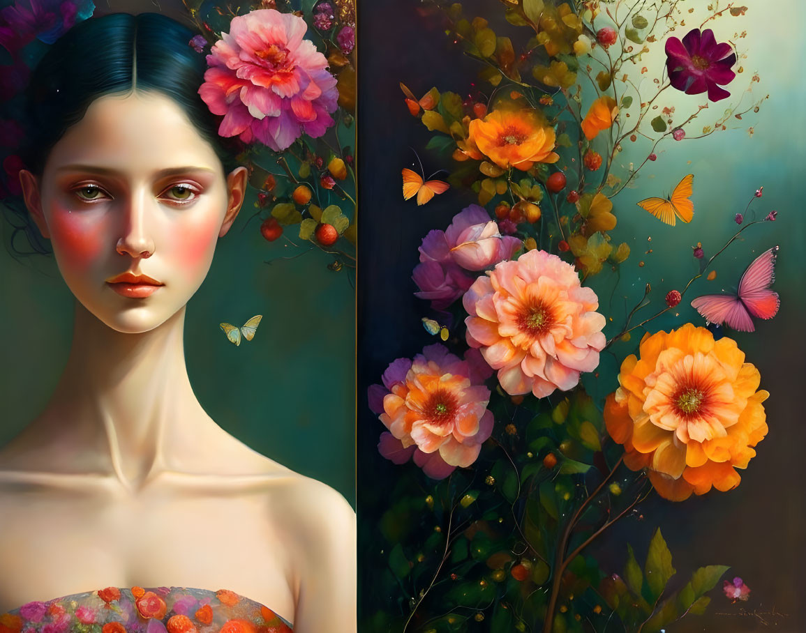 Surreal portrait of a woman with floral elements and butterflies