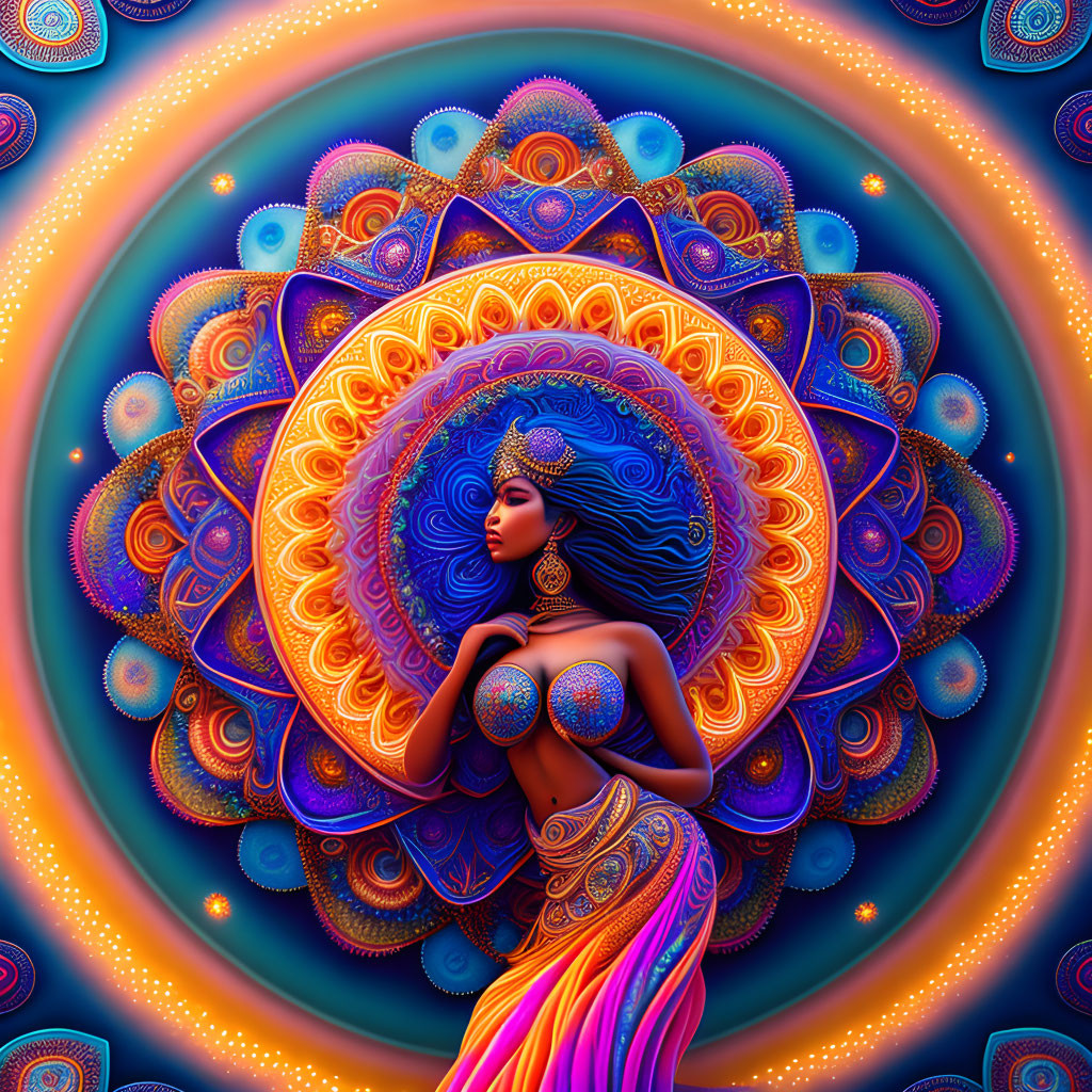 Ornately dressed woman surrounded by vibrant mandala aura