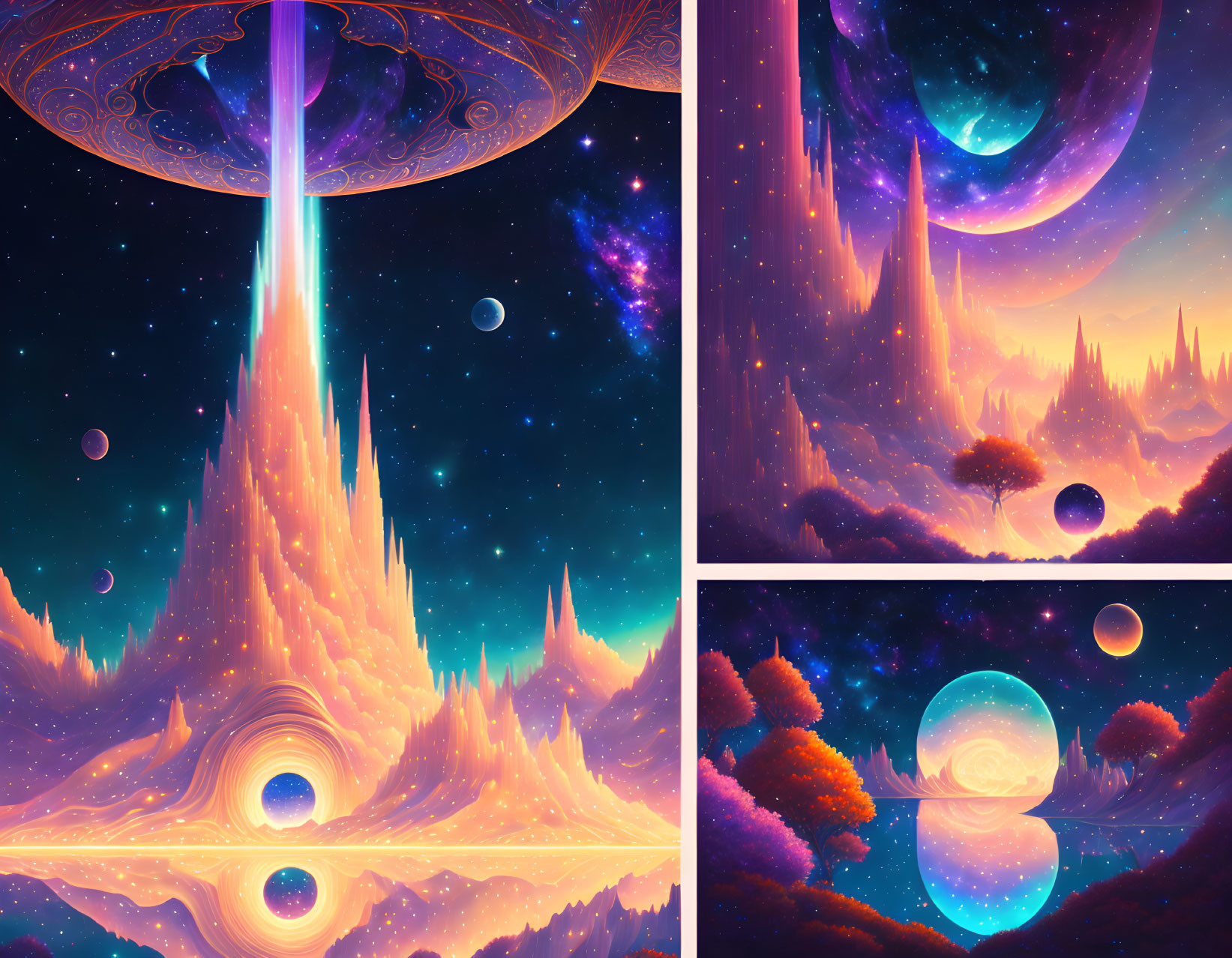 Colorful Digital Art Collage of Fantastical Alien Landscapes