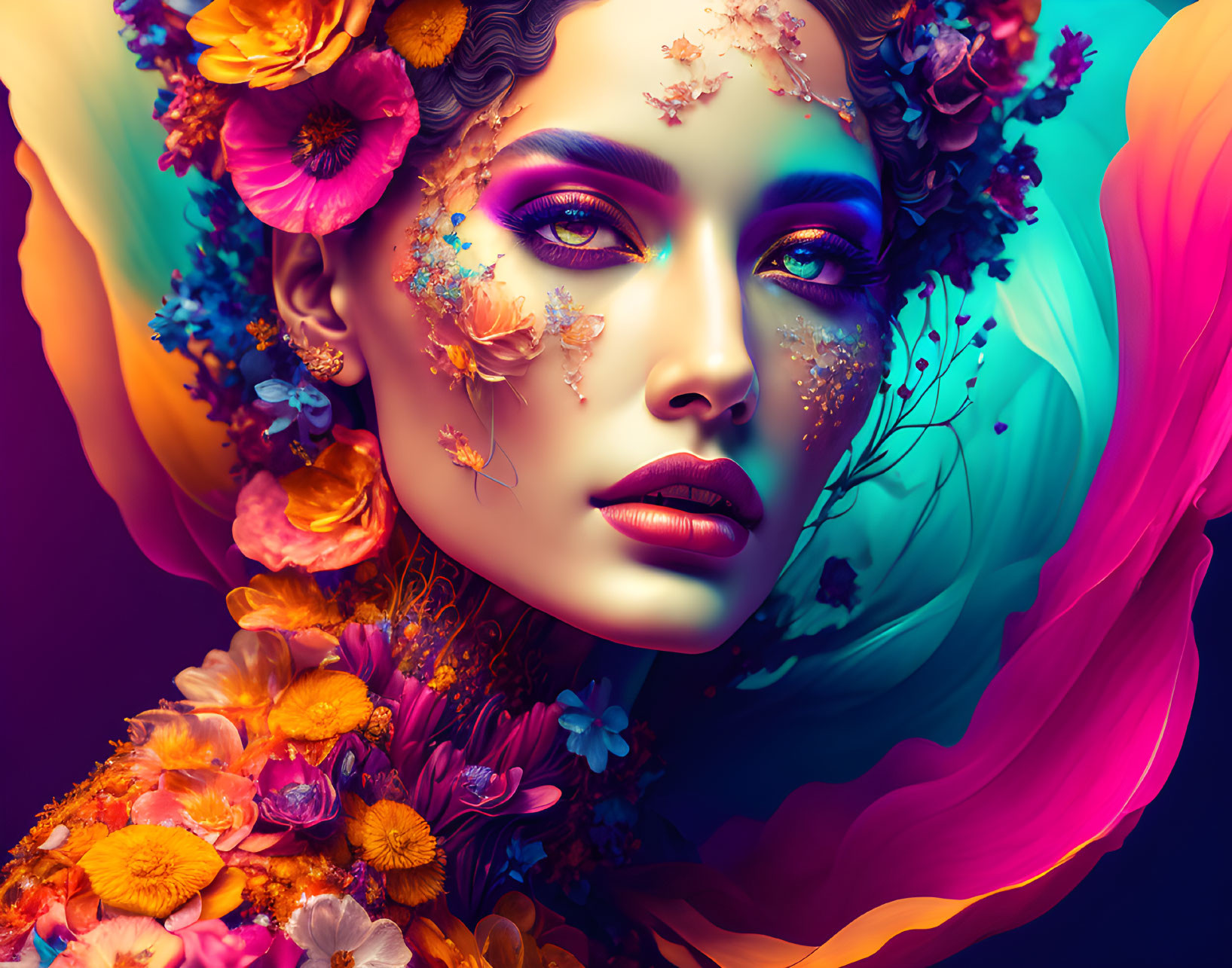 Colorful portrait of a woman with floral and flowing shapes, vibrant makeup.