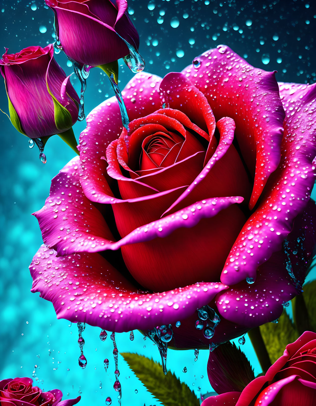 Vibrant red rose with droplets on teal background and smaller buds.