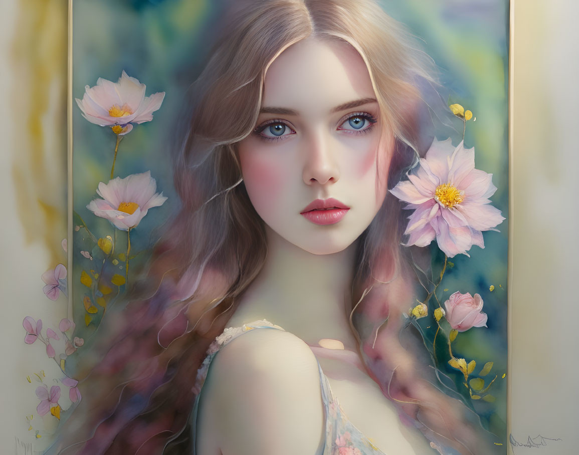 Digital artwork: Woman with flowing hair, blue eyes, pink flowers, and butterflies