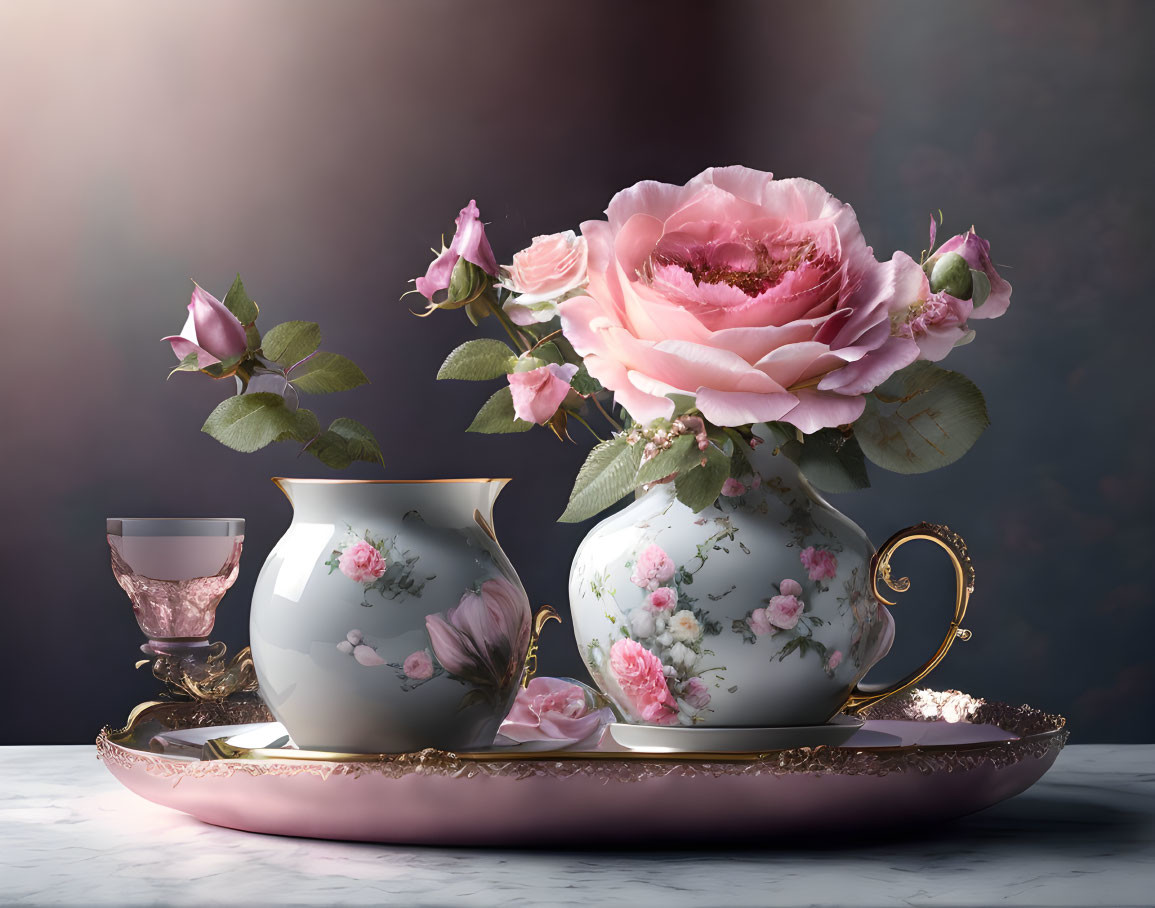 Floral Pattern Tea Set on Gold-Tray with Pink Roses