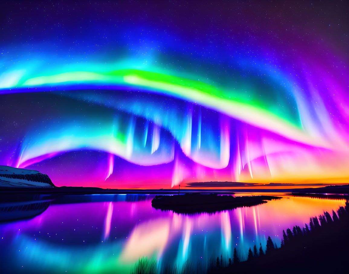 Colorful Aurora Borealis Reflecting Over Tranquil Lake