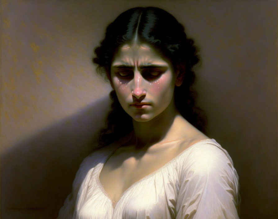 Portrait of a pensive woman in white blouse under soft light