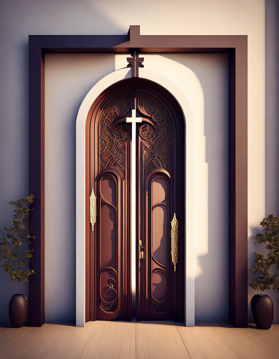 Ornate wooden door with cross design in arched frame, flanked by plants under soft light