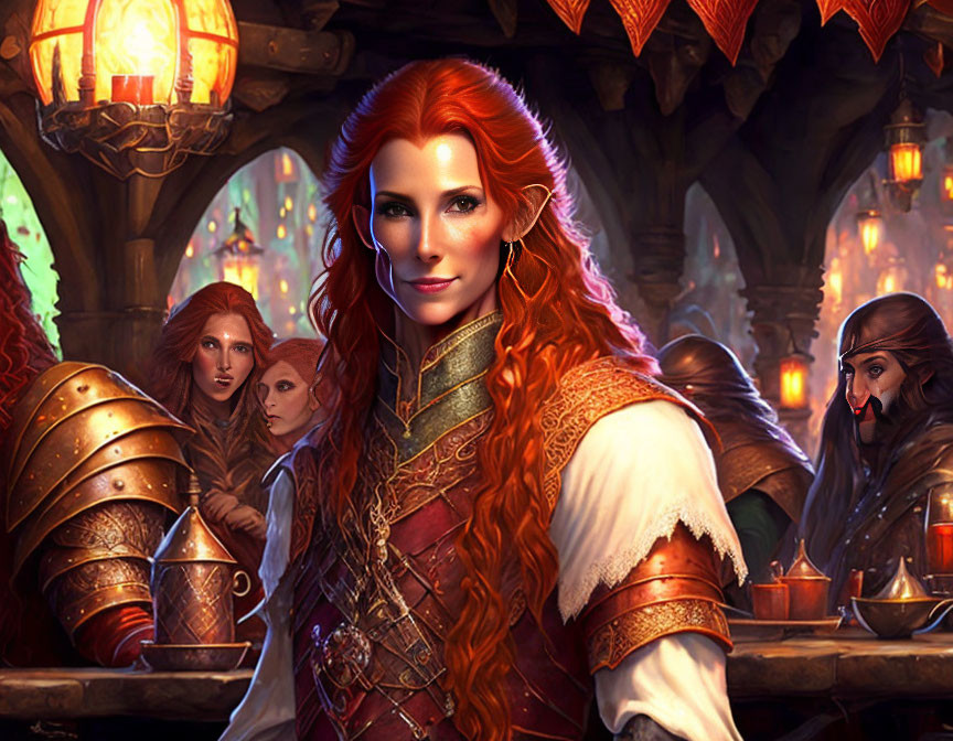 Red-haired woman in medieval fantasy attire with tavern and patrons.