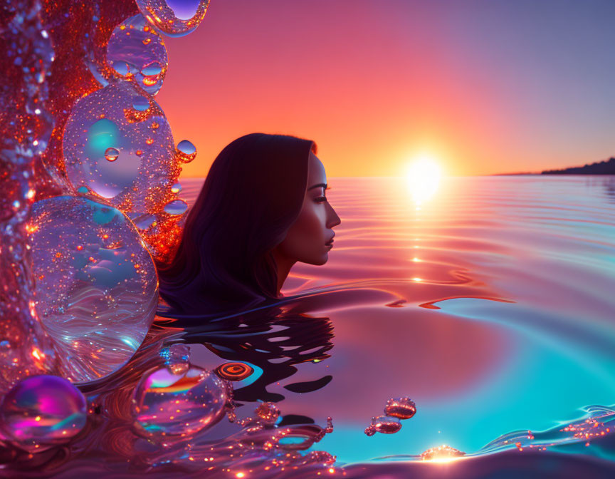 Surreal profile of woman in water with bubbles and sunset sky