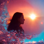 Surreal profile of woman in water with bubbles and sunset sky