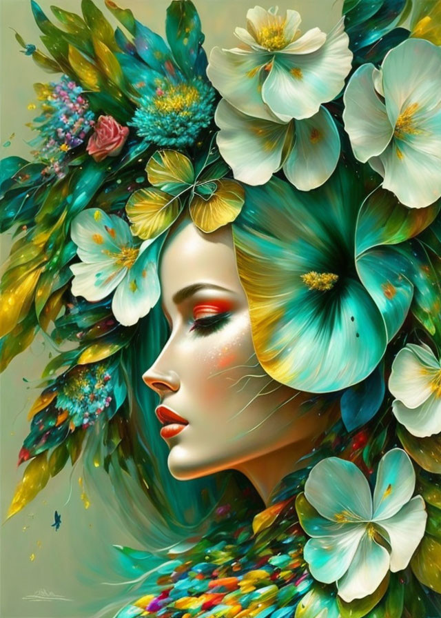 Woman's profile with vibrant floral hair adornment in blue, green, and white