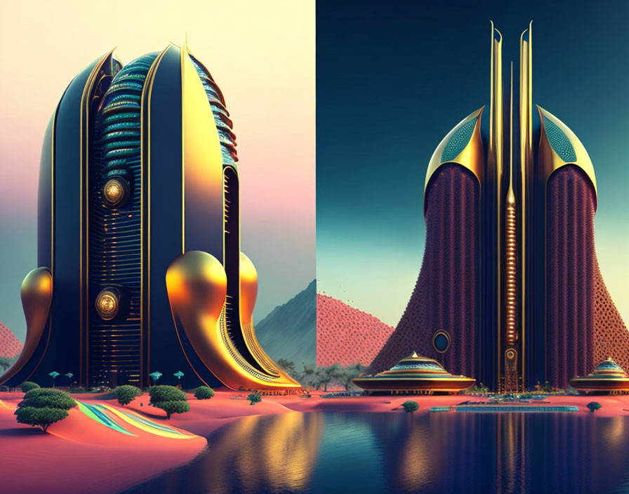 Futuristic twin skyscrapers in golden and blue hues against a desert backdrop reflected in water.