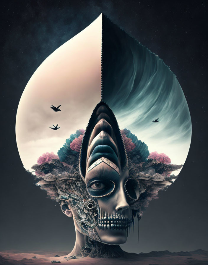 Surreal illustration: Human head split in half, one side skull, other alive, night sky