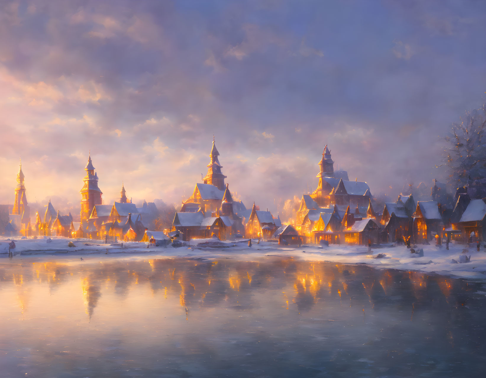 Snowy village at dusk: Traditional buildings, frozen lake, pastel sky