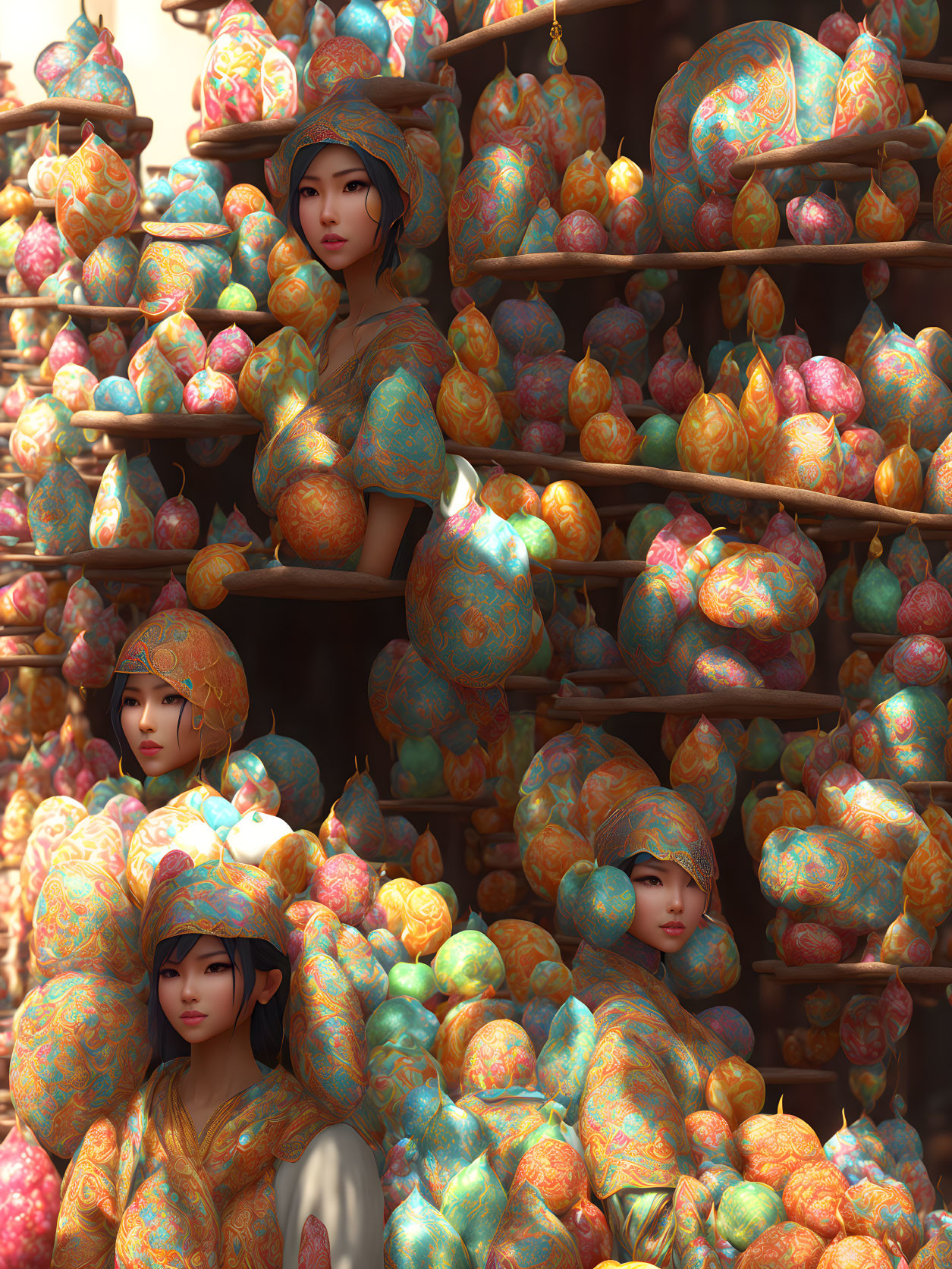 Three women in matching outfits and hats surrounded by colorful spheres on shelves