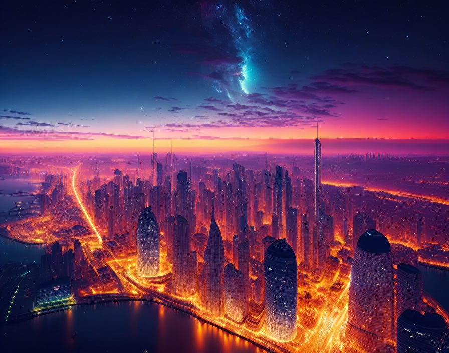 Futuristic cityscape at dusk with neon lights and starry sky