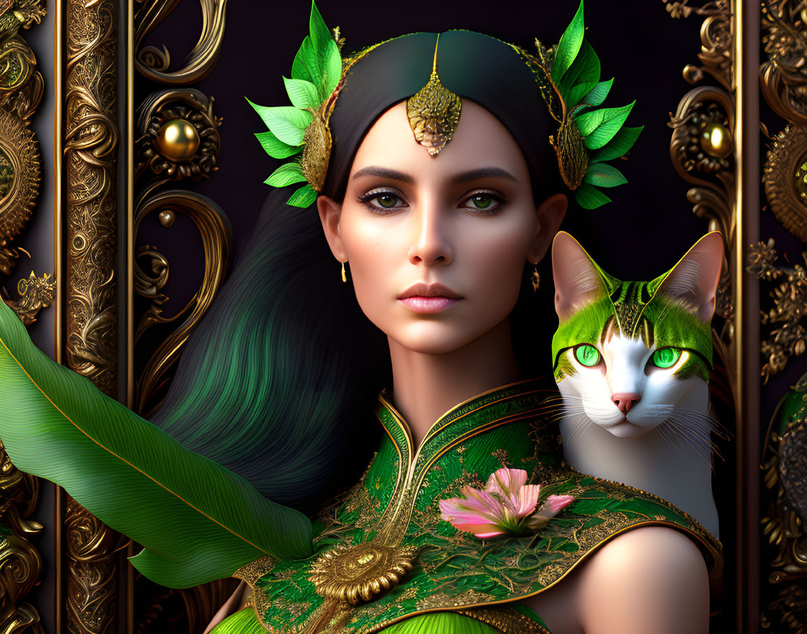 Digital artwork featuring woman in green and gold attire with white cat and leaf motifs