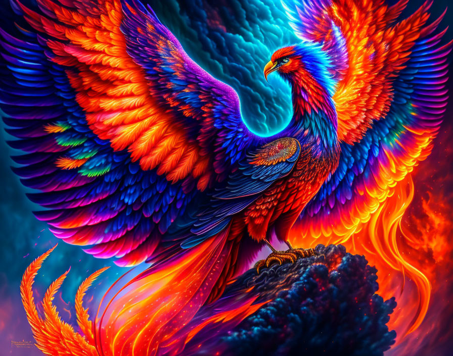 Colorful Phoenix Artwork with Fiery Feathers and Flames