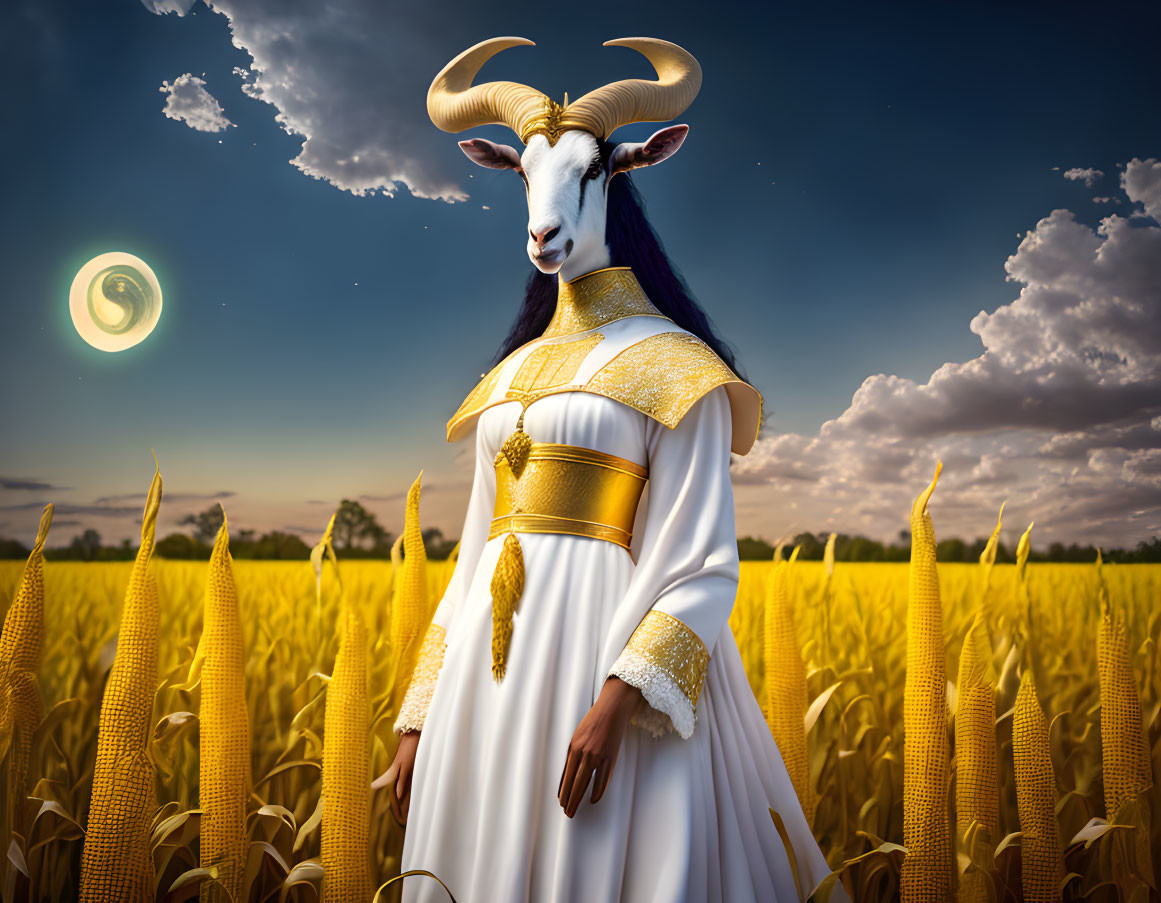 Anthropomorphic goat in white and gold dress in wheat field with swirling green light