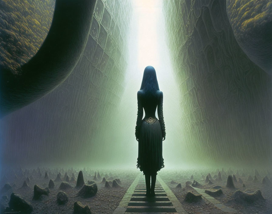 Woman in Surreal Corridor with Stone Monoliths and Ethereal Glow