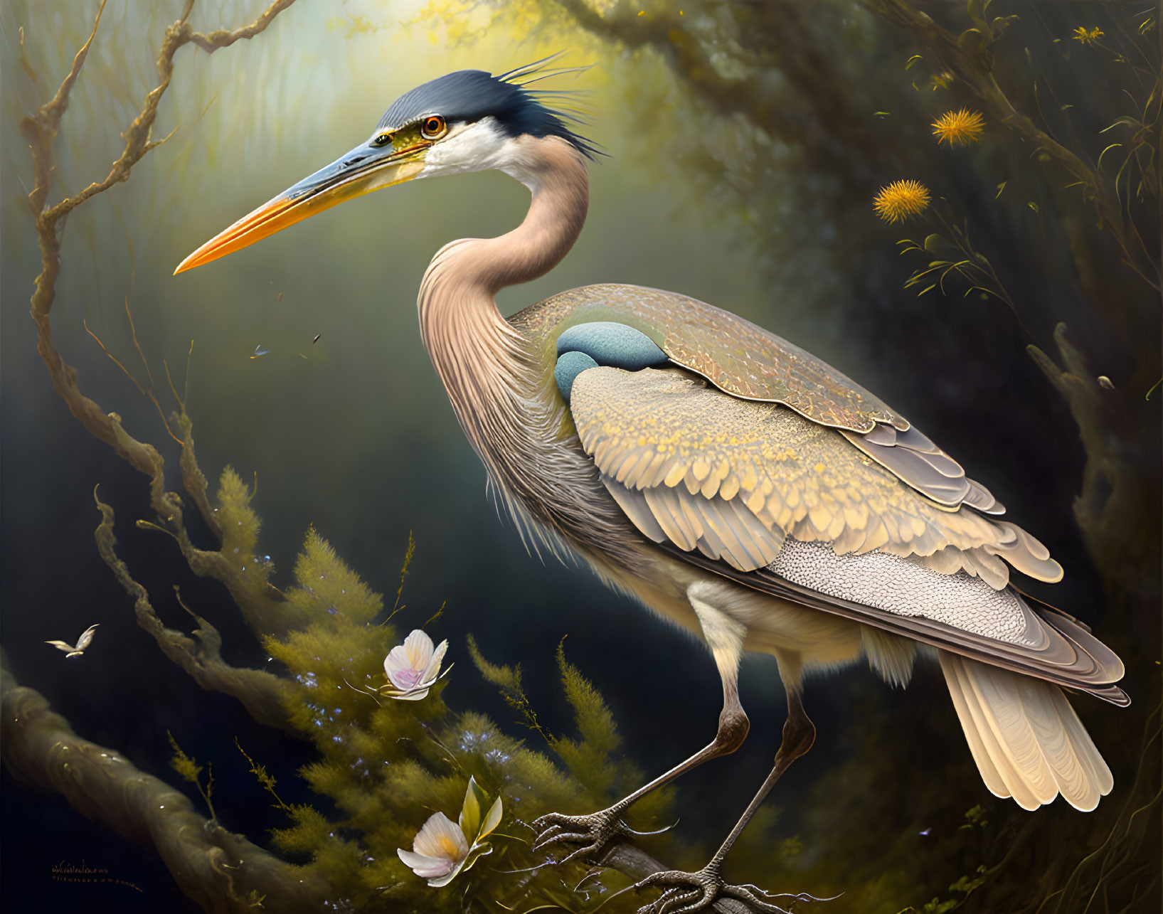 Realistic illustration of great blue heron in misty woodland setting