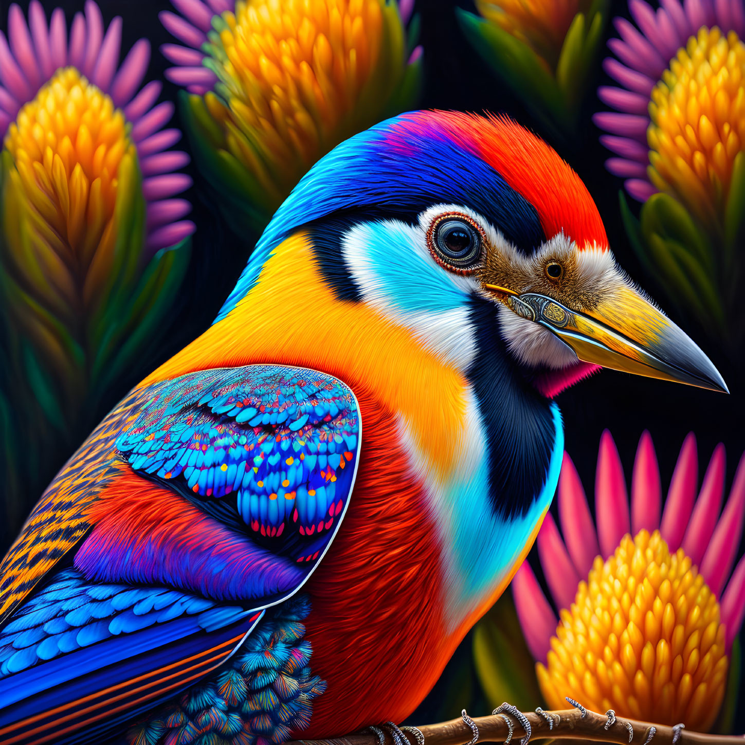 Colorful bird illustration with detailed feather pattern and floral backdrop