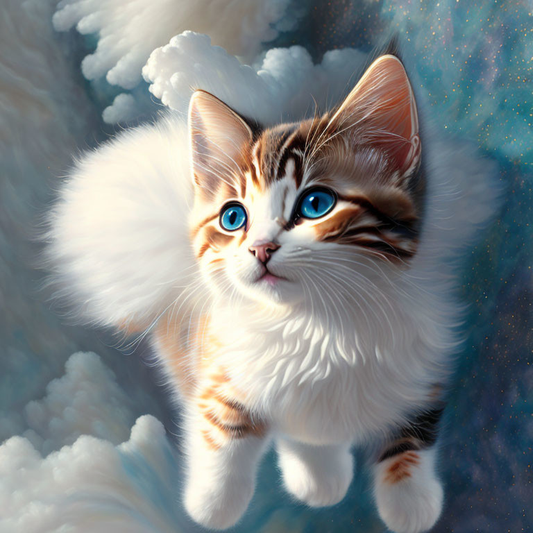 Adorable brown-and-white kitten with blue eyes and whiskers in dreamy sky.