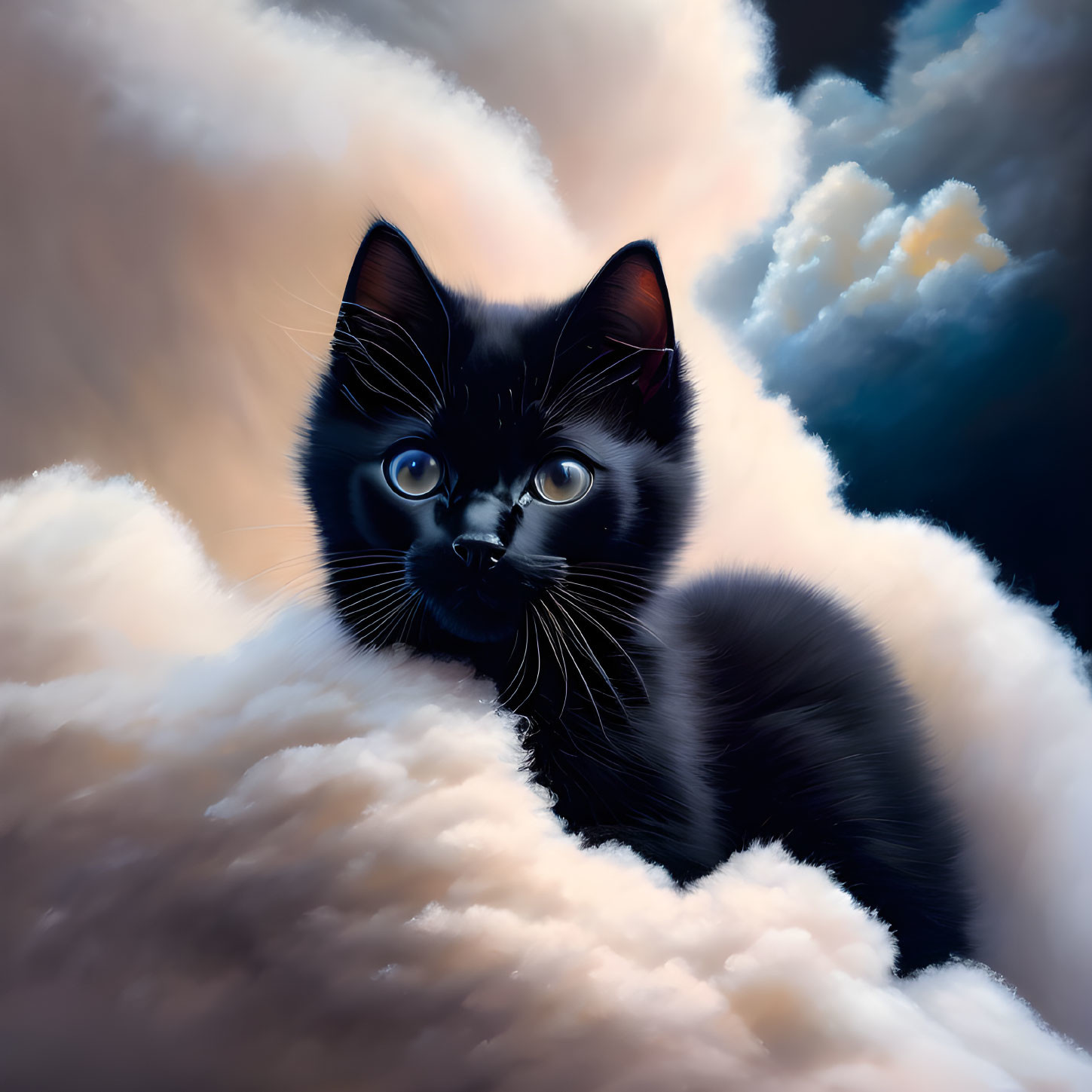 Black Kitten with Blue Eyes in Cloudy Sky Portrait