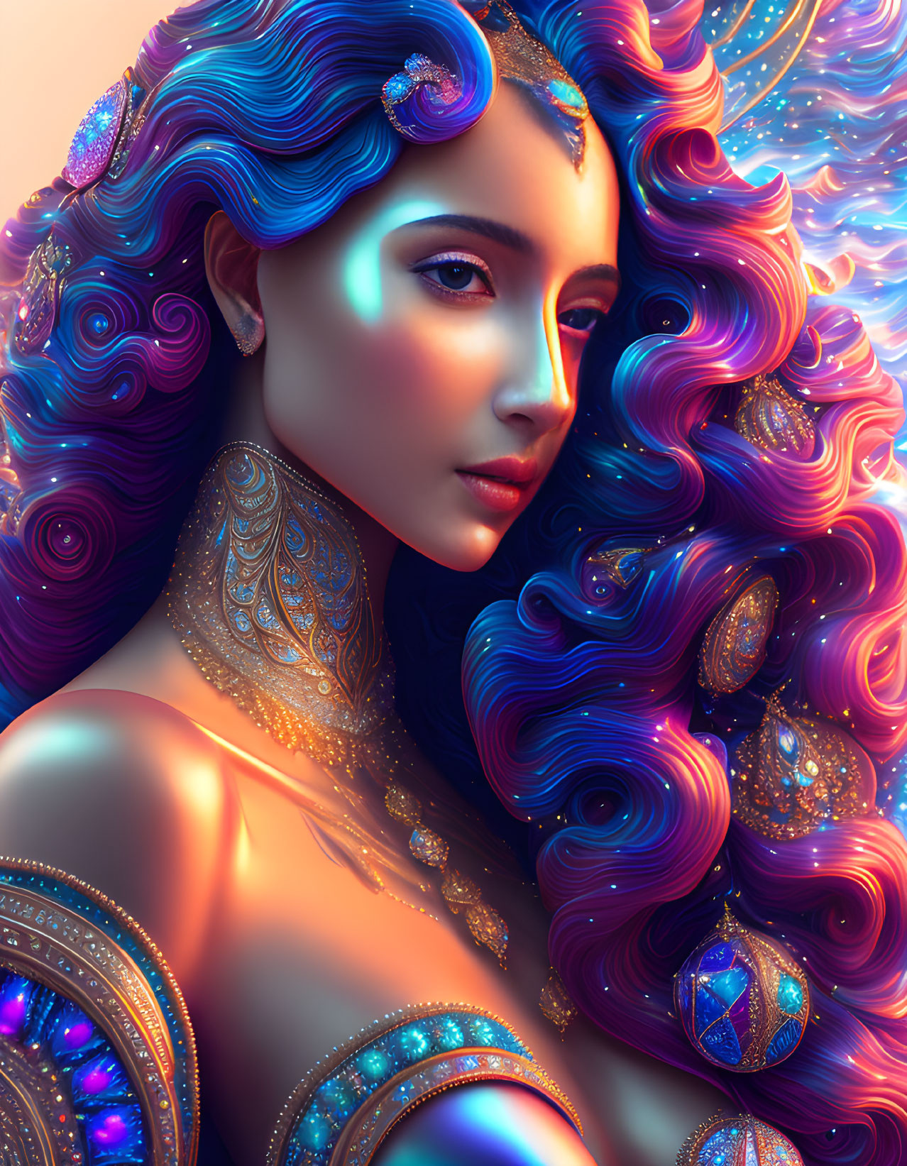 Colorful digital artwork of woman with blue and purple curly hair and glowing jewelry.