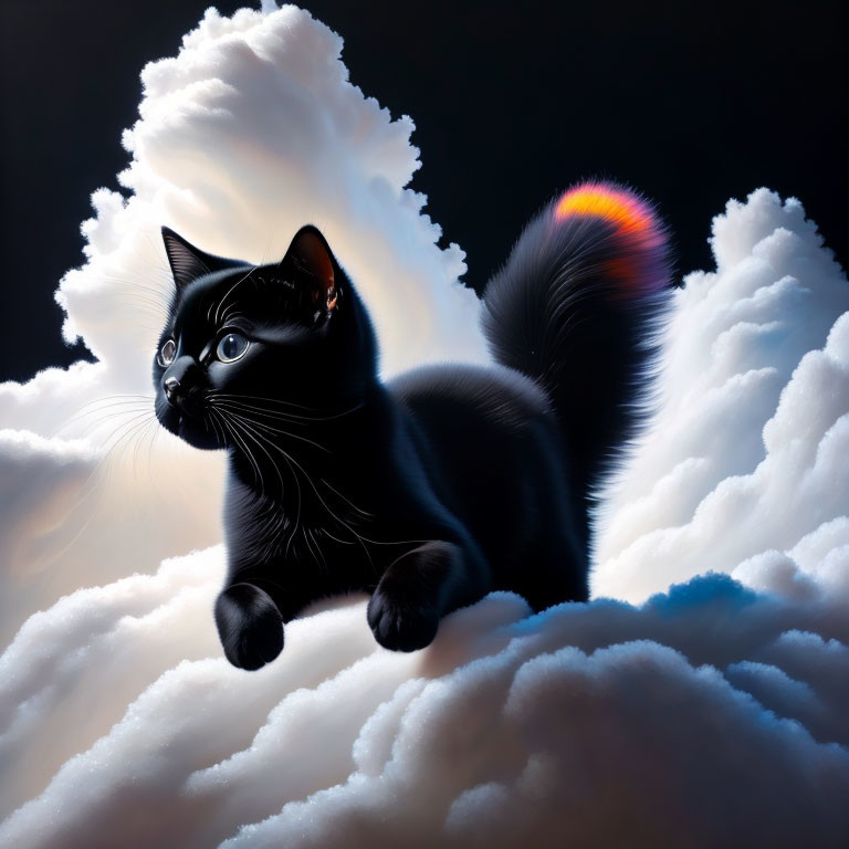 Black Cat Sitting on Clouds with Striking Eyes and Colorful Tail