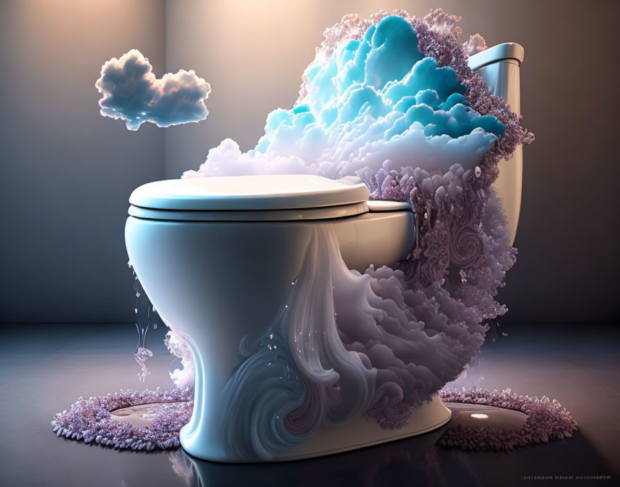 Surreal toilet with cloud and sea foam patterns on grey background