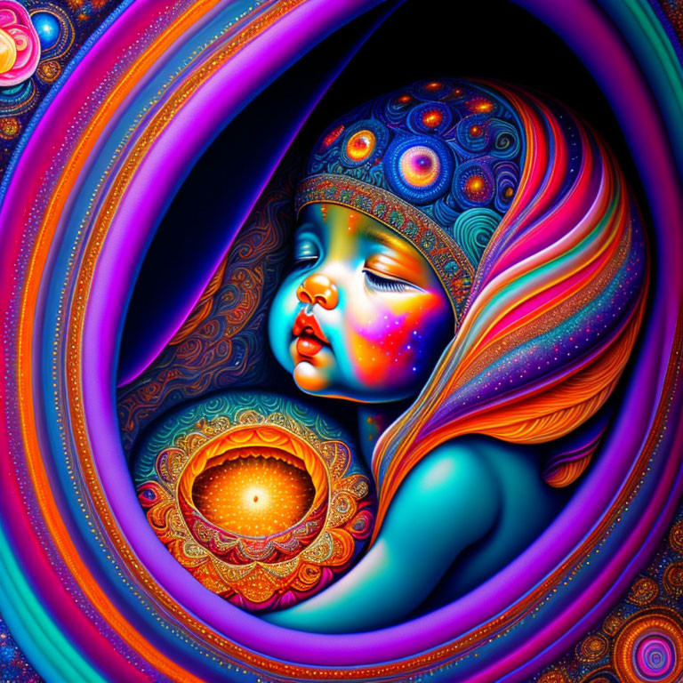 Colorful psychedelic image of child surrounded by swirling patterns and cosmic motifs.