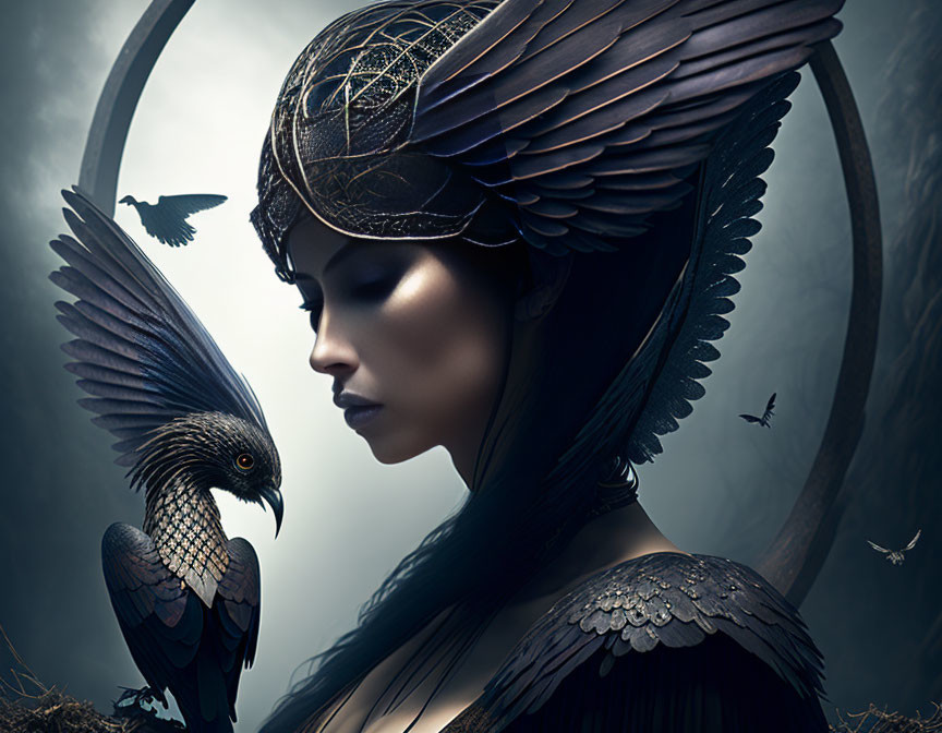 Woman in dark feathered headdress with closed eyes and raven in mystical forest.