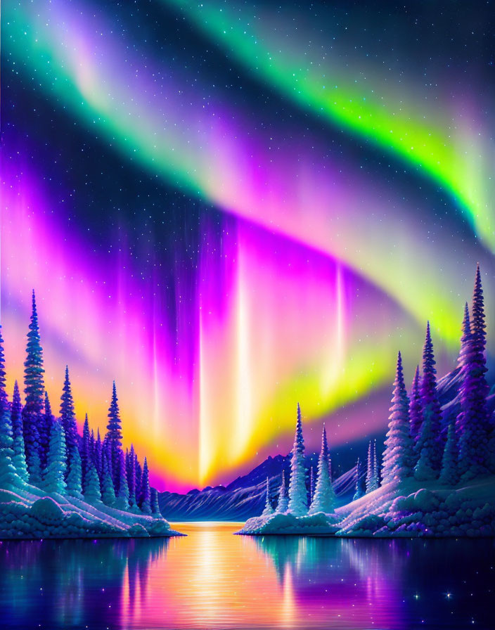 Majestic aurora borealis over snowy landscape