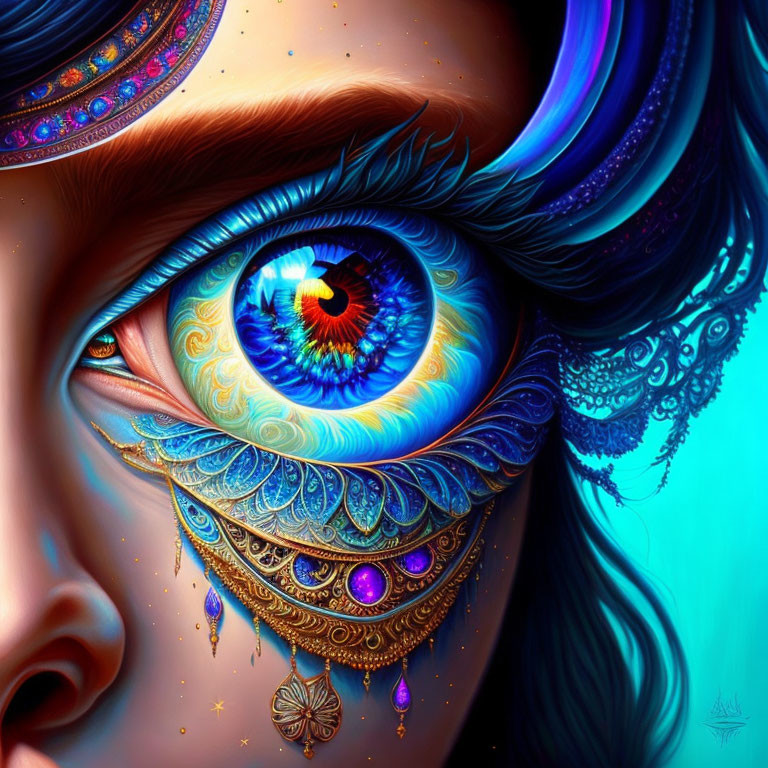 Detailed Close-Up Illustration of Woman's Eye with Blue and Gold Jewelry