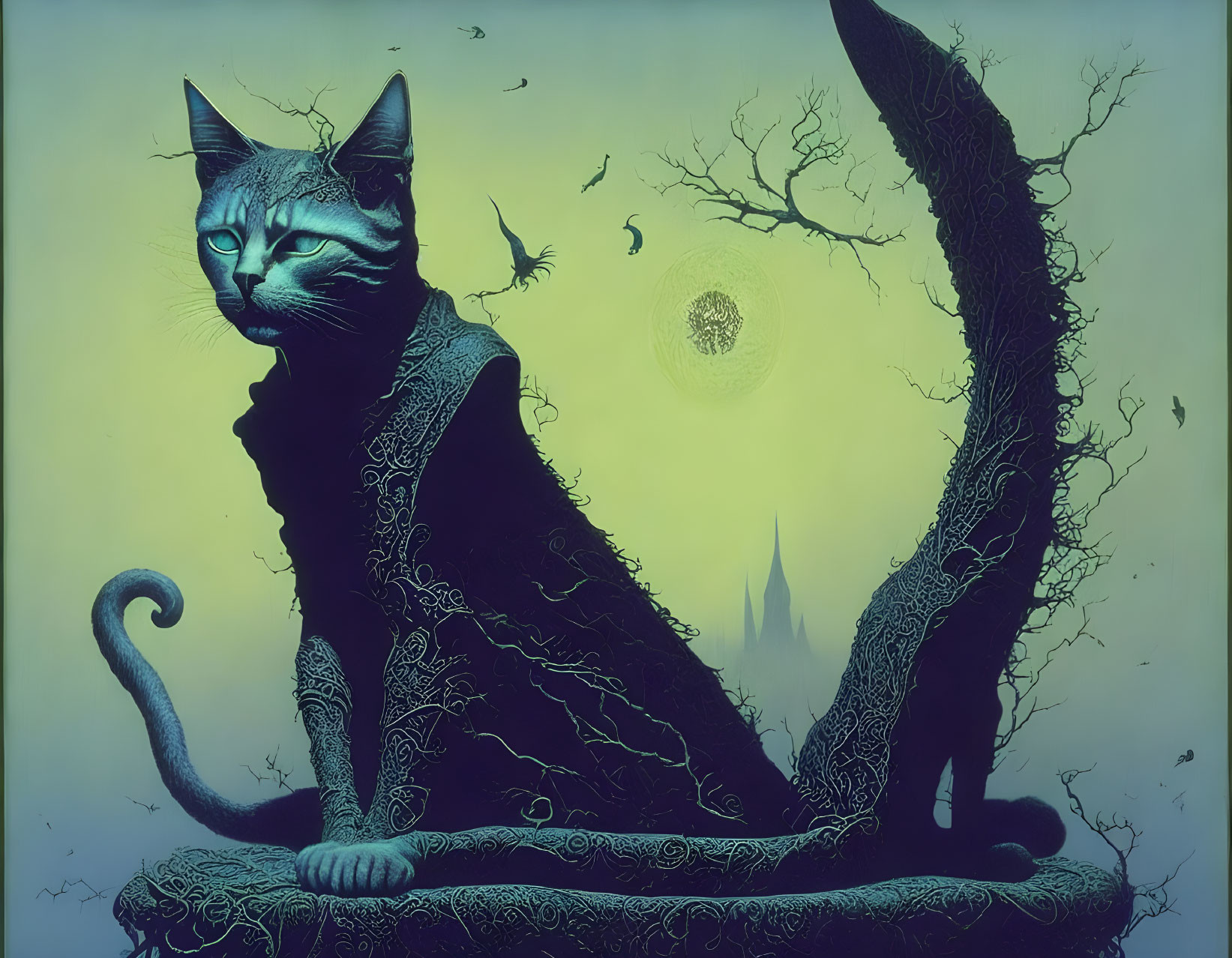 Surreal artwork: Oversized cat among twisted trees, castle, moon.