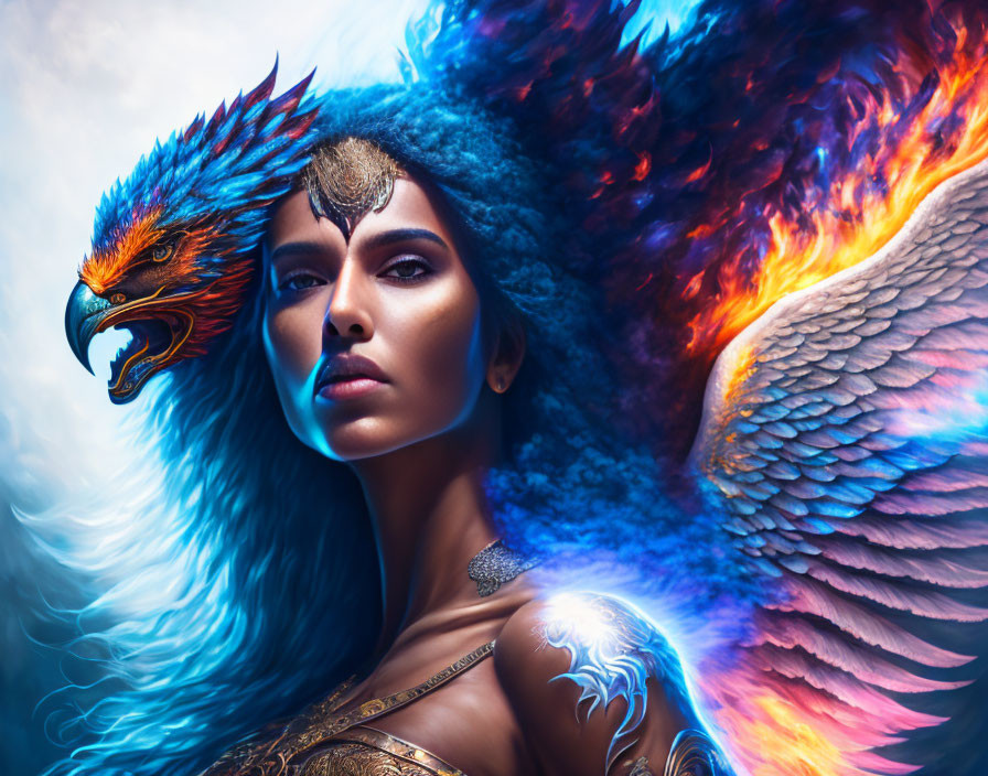 Fantasy portrait: Woman with blue hair in fiery phoenix headdress