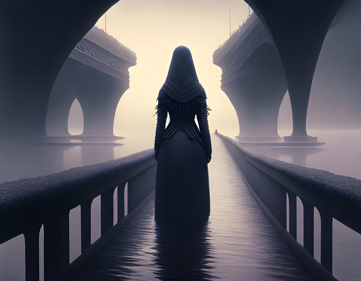 Mysterious figure on foggy bridge with imposing arch structures