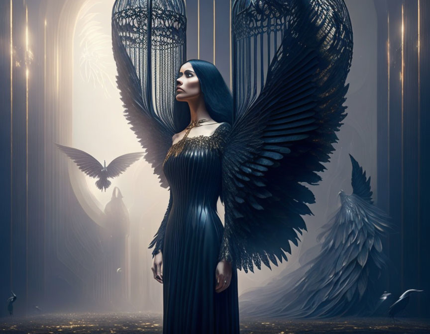 Dark angel wings woman in ethereal room with caged birds