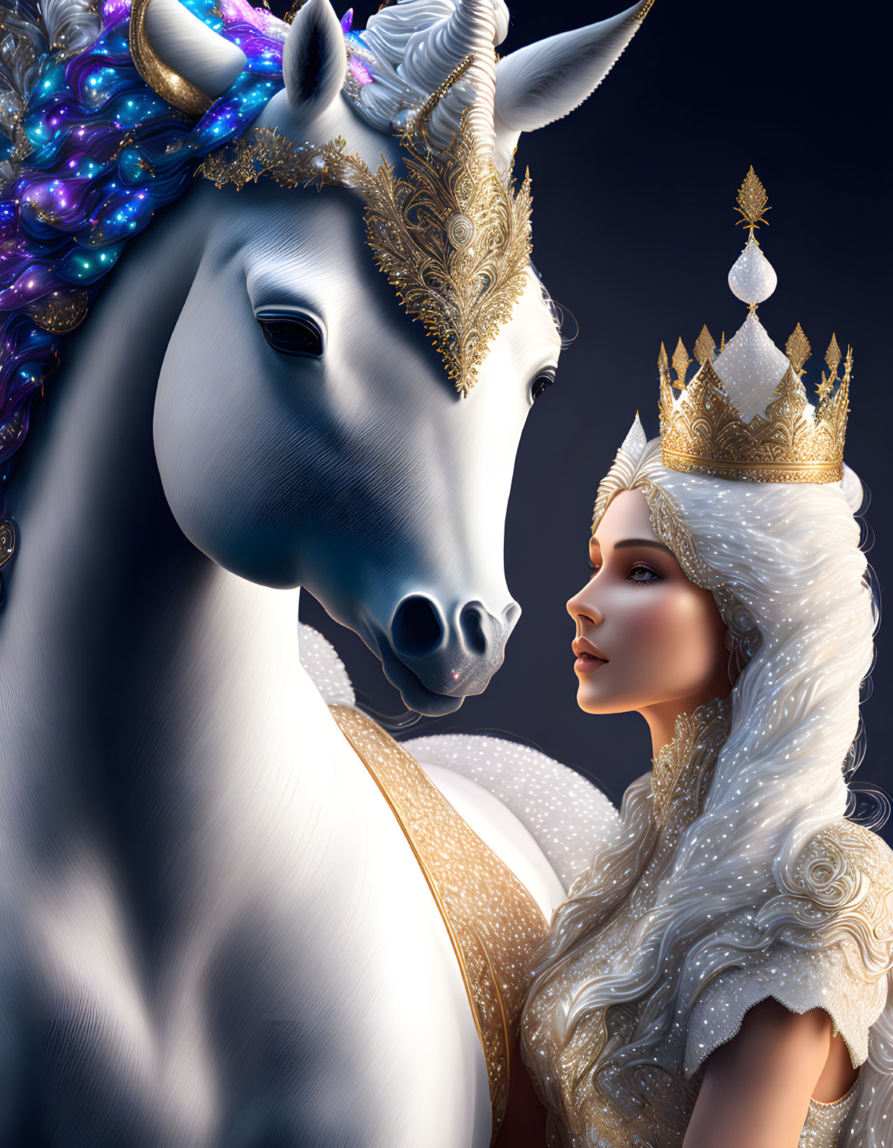 Regal woman and unicorn digital artwork with golden details on dark background