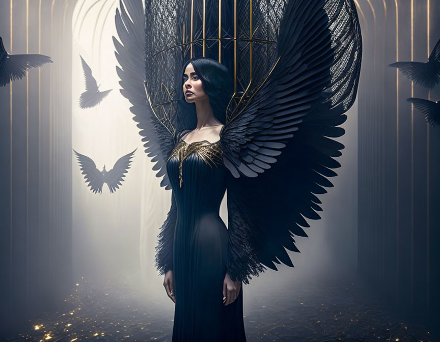 Dark angel wings woman in mystical forest with birds and cage-like structure