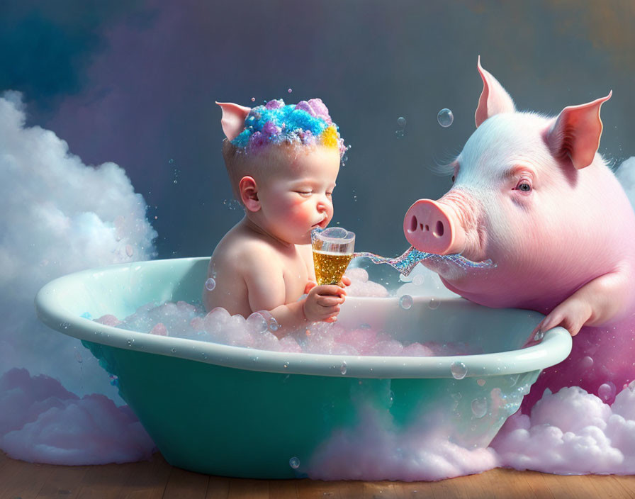 Colorful Crown Baby Blowing Bubbles with Pig in Bathtub